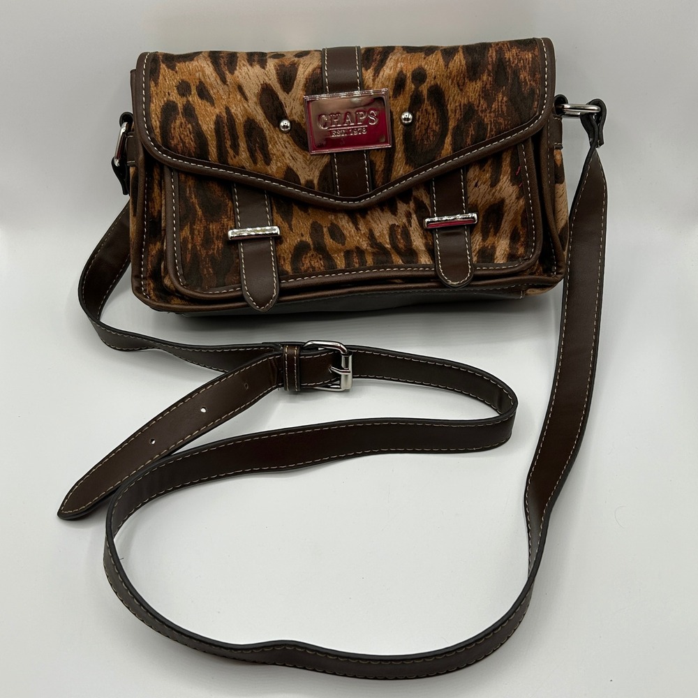 Chaps Leopard Adjustable Crossbody Bag Chocolate Brown Cotton Satchel Purse